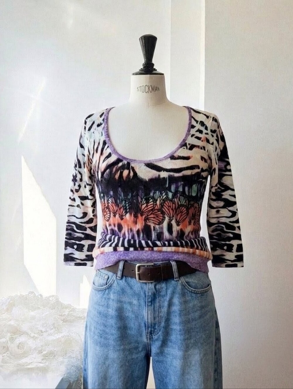 Alberto Makali Multicolor Scoop-Neck Long Sleeve Top - Purple/Orange/Black